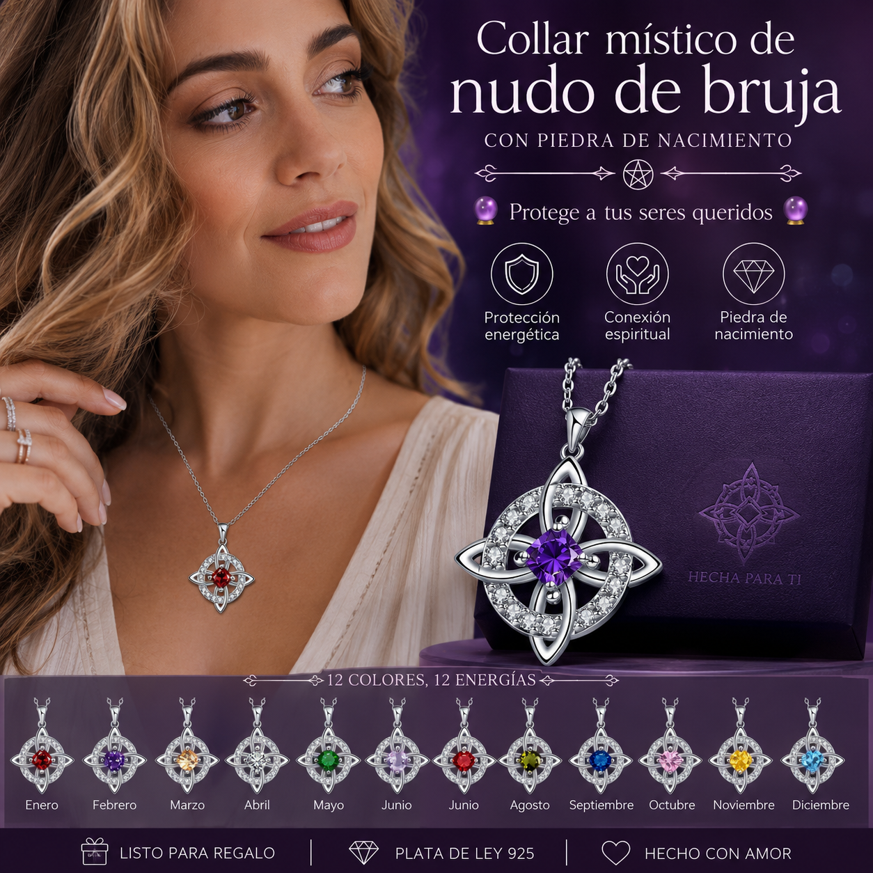 Collar místico de nudo de bruja con piedra de nacimiento 🔮💞 Protege a tus seres queridos