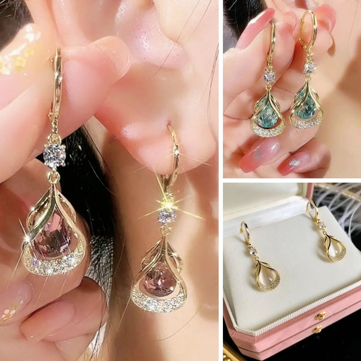 ✨️【50%OFF】 💎【Juego de 3 piezas】Elegantes y sofisticados pendientes magnéticos geométricos en forma de lágrima con circonitas ojo de gato.