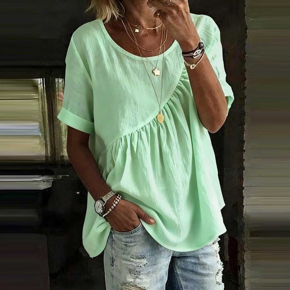 👚【S-3XL】Elegantna ženska majica kratkih rukava s okruglim izrezom i naborima u jednoj boji