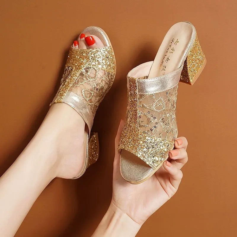 👡【35-40】Sandale decupate cu toc gros și plasă pentru femei
