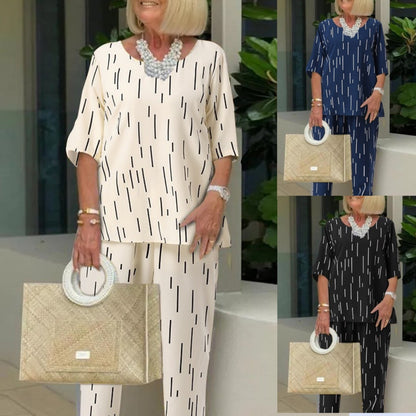 💥🔥【Topy + Kalhoty】👚👖【S-5XL】Jaro a léto 2025 Nový módní kulatý výstřih s pětibodovými rukávy, volný dvoudílný oblek