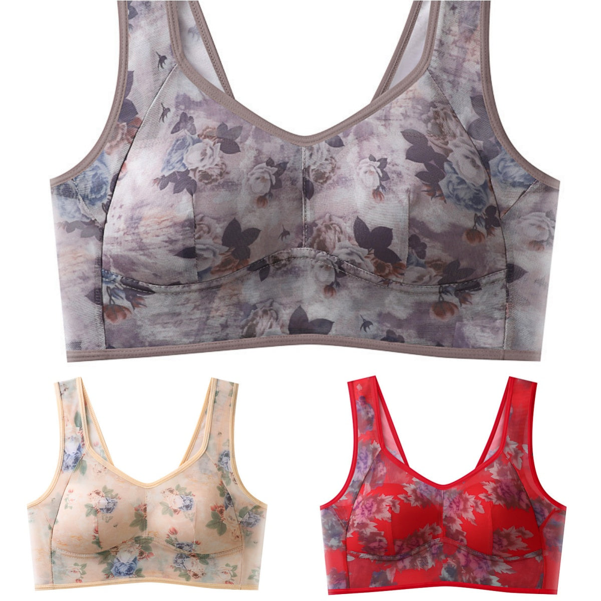 💥【Balení 3 ks】Plus Size podprsenka s potiskem a bez kostic, vysoce kvalitní push-up - lehká a prodyšná síťovina, pohodlná a stylová