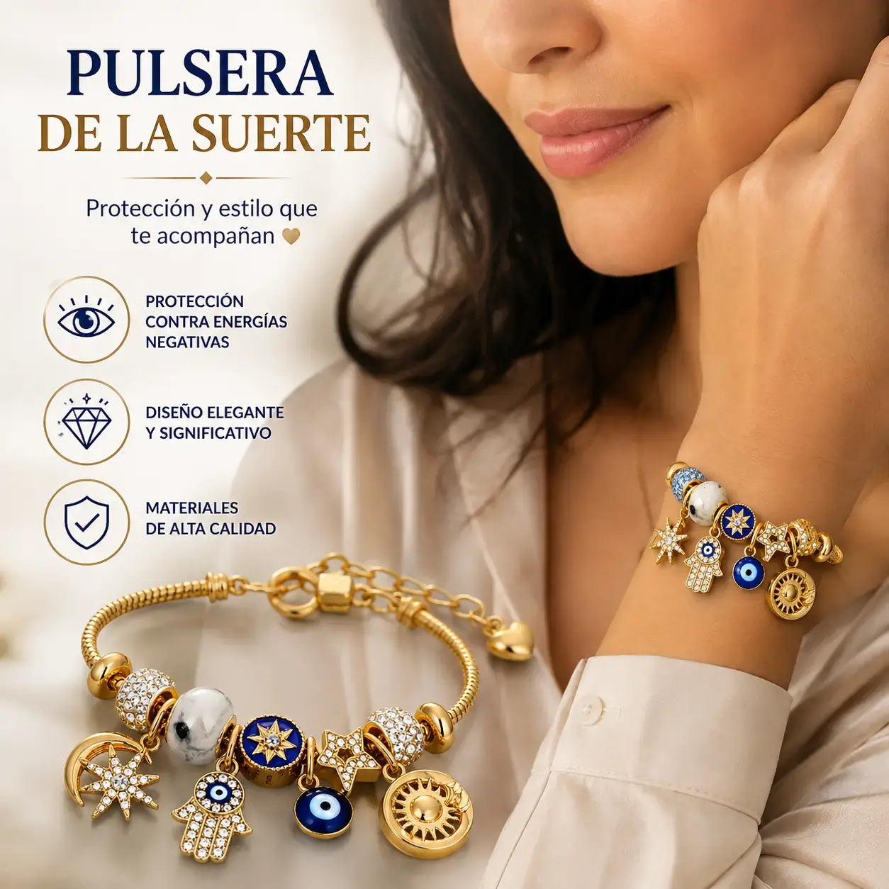 Pulsera de mujer con diseño de cielo estrellado | Luna, mano de Hamsa, ojo turco y árbol de la vida