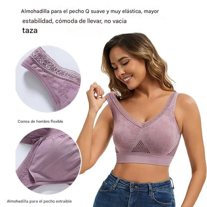 😍❤️40-120 kg【Paquete de 3】✨Sujetador de encaje sin aros para mujer, alta sujeción
