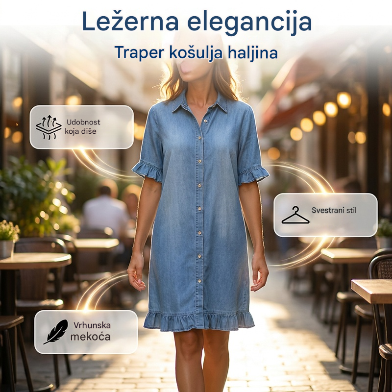 👗【Vremenski ograničena ponuda】Široka traper haljina-košulja s volanima