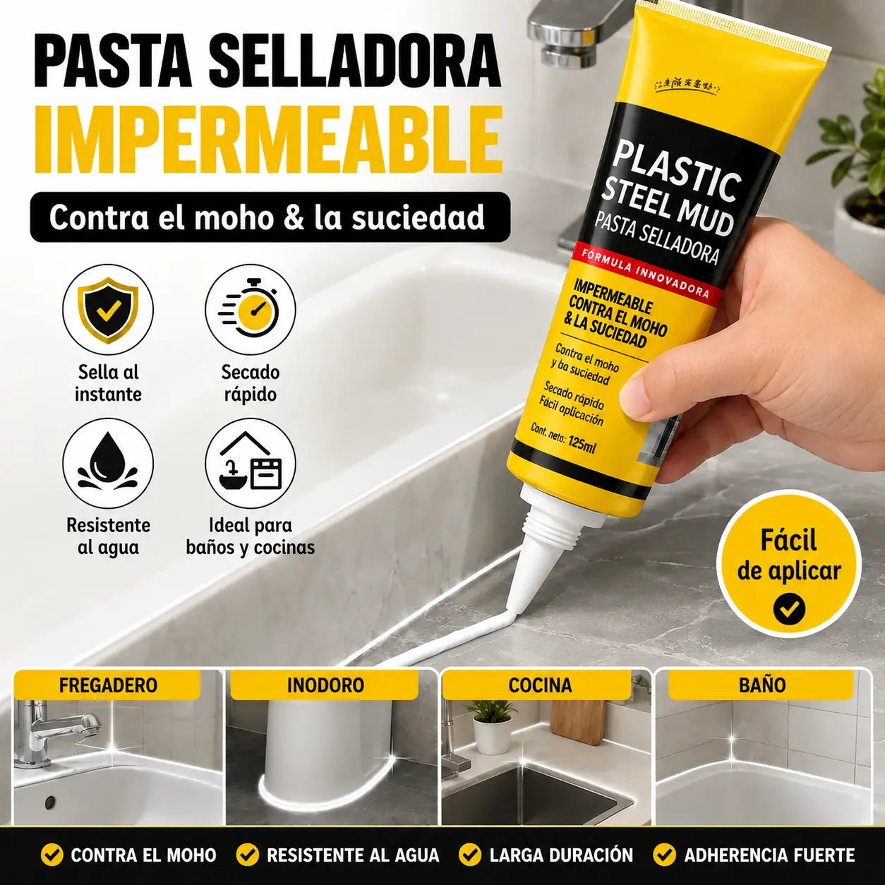 1 juego 25 euros 💧🛡️Masilla de acero plástico amarilla y negra, sellador impermeable y resistente al moho, pegamento para vidrio de baño, pegamento de secado rápido.