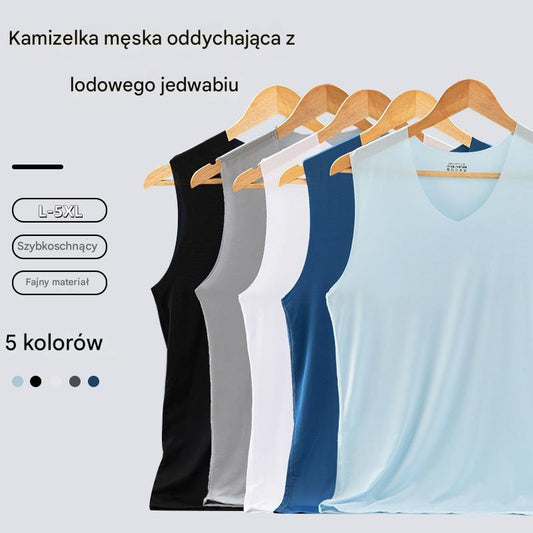 ❄️🆒【Kup 3, otrzymaj 2 gratis – razem 5 sztuk 🔥】【L–5XL】Letni męski podkoszulek z jedwabiu lodowego, bezszwowy, cienki fason, duże rozmiary