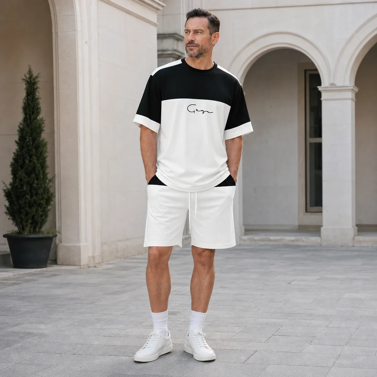 【S-6XL】Męski, swobodny, prosty, modny dwuczęściowy komplet sportowy składający się z koszulki i szortów, uniwersalny do noszenia na co dzień.