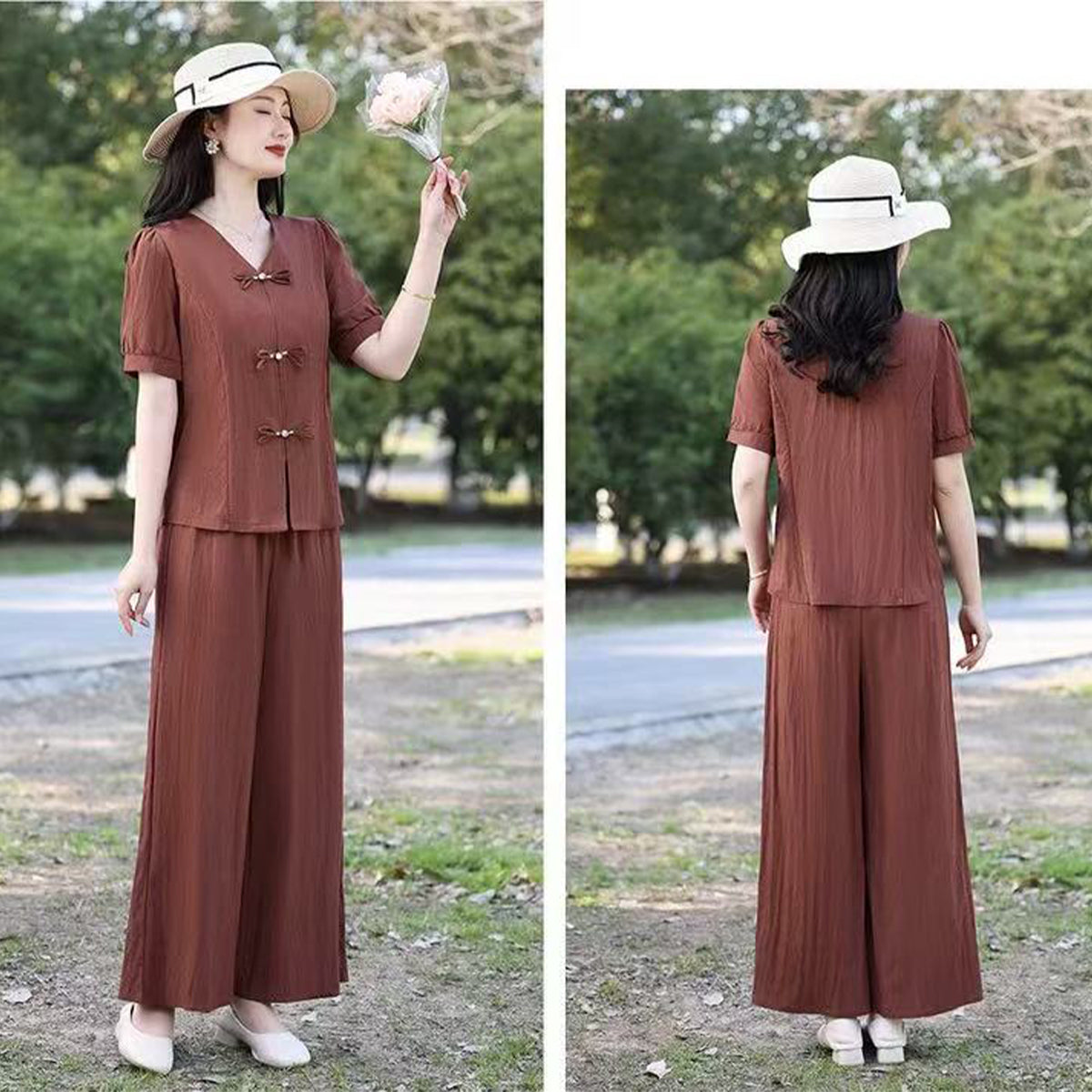 ✨【Majica + Hlače】💖Ljetni set kratkih rukava za žene srednjih godina: Košulja s V-izrezom i kopčanjem, elegantan i mladenački dvodijelni set