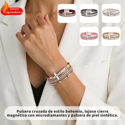 🎁【Kup 1, a 1 dostaniesz gratis】✨Bransoletka z krzyżem w stylu boho, luksusowe zapięcie magnetyczne z mikrodiamentami i bransoletą ze sztucznej skóry.