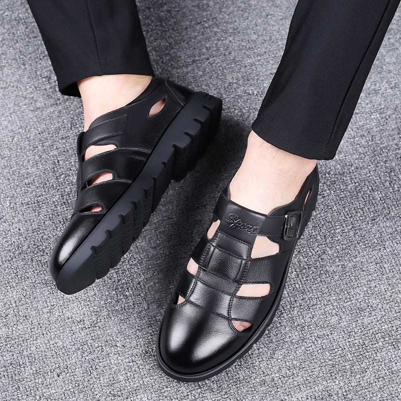 【38-44】👞Sandalias casuales antideslizantes de cuero genuino transpirables con diseño calado para hombre, colección verano 2026