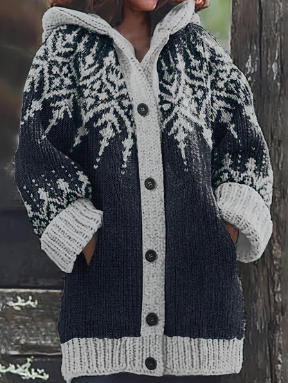 ⛄【S~5XL】❄Elegancka kurtka z kapturem w stylu retro z motywem płatków śniegu i blokami kolorów