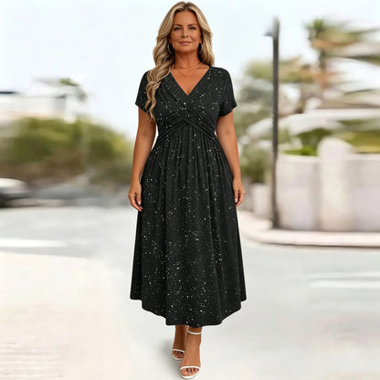 👗【XS-4XL】Nova elegantna svjetlucava plisana haljina s V-izrezom i džepovima