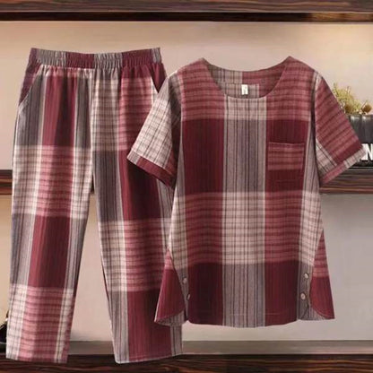 💖【M-4XL】【Topuri + Pantaloni】Set de pantaloni și tricou din bumbac carouri de mărime mare cazual