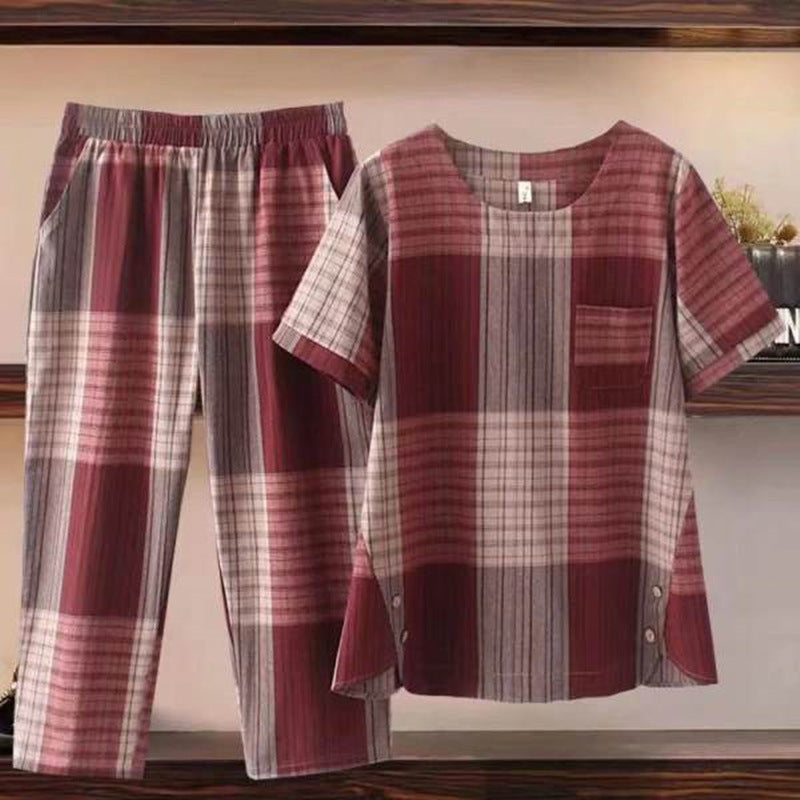 💖【M-4XL】【Topuri + Pantaloni】Set de pantaloni și tricou din bumbac carouri de mărime mare cazual