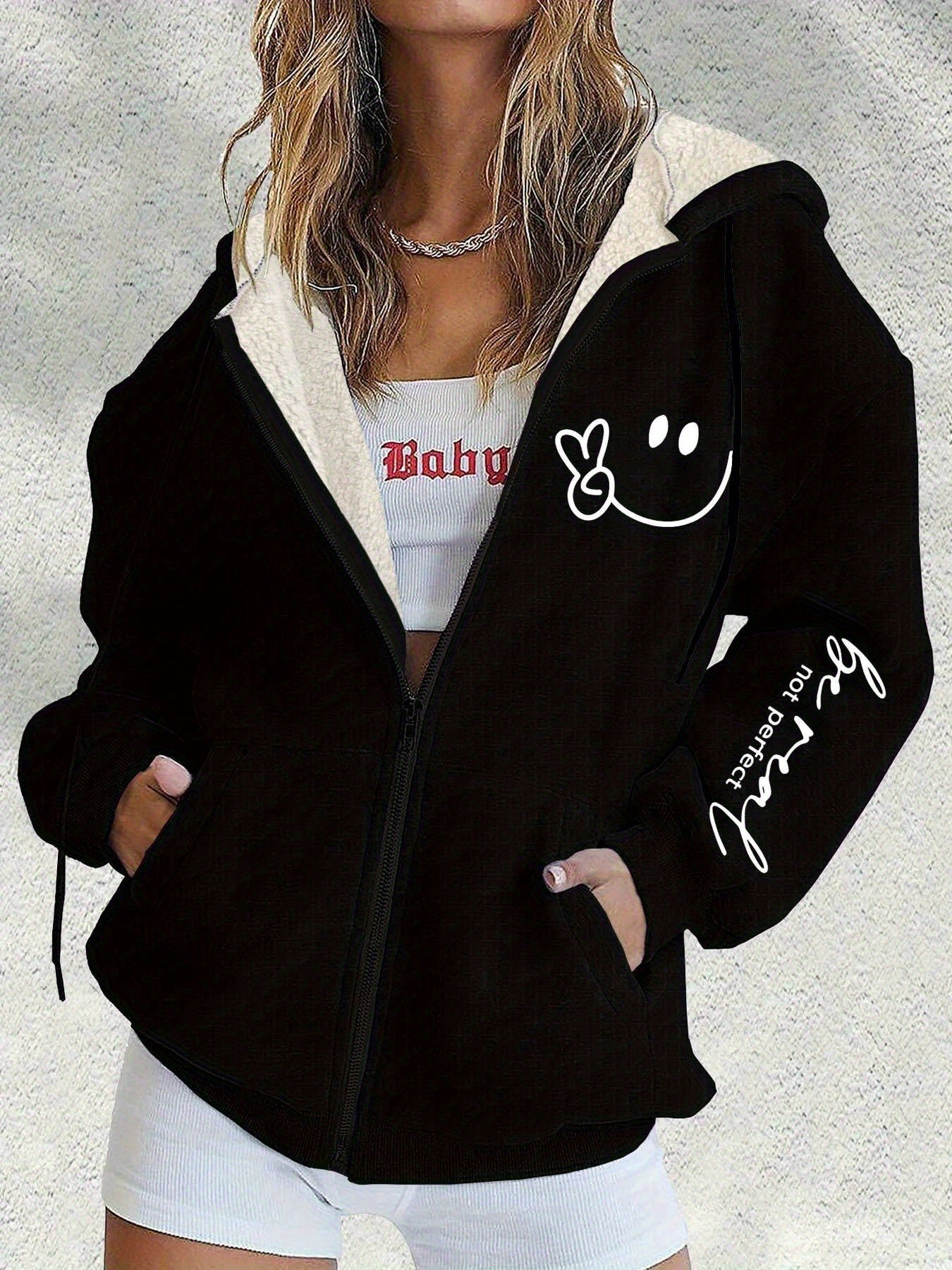 😀【S-5XL】Nova zimska ženska moderna jakna s kapuljačom i patentnim zatvaračem s printom nasmijanog lica