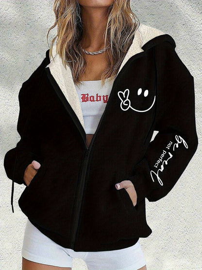 😀【S-5XL】Nova zimska ženska moderna jakna s kapuljačom i patentnim zatvaračem s printom nasmijanog lica