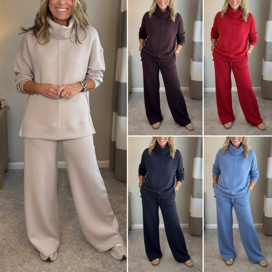 🍂🐏【Nowość – Ograniczona czasowo zniżka 50%】Damski dwuczęściowy zestaw na jesień/zimę w jednolitym kolorze: bluza z golfem z czystej bawełny + spodnie casualowe