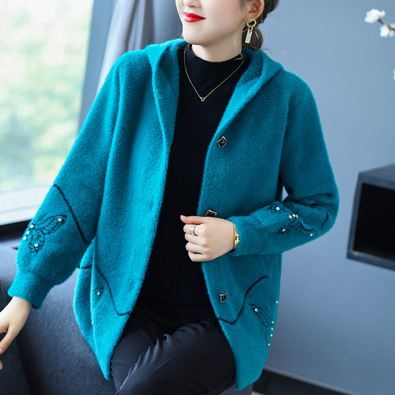 ❄【M-4XL】2025 nowe damskie zimowe bluzy z kapturem, Modny i szlachetny haft z aksamitnych norek, grubszy i cieplejszy