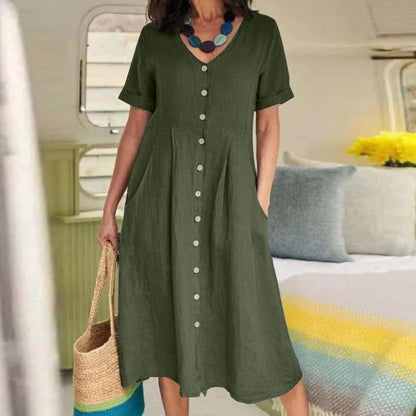 👗【S-5XL】Nova lanena haljina visokog struka, jednobojna, dizajn s džepovima