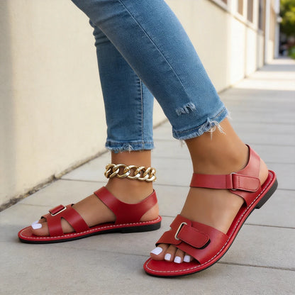 Sandalias romanas planas de piel para mujer de tallas grandes, con suela ortopédica suave que proporciona soporte para el arco del pie y transpirabilidad.