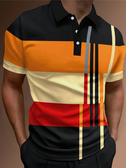 👔【S-6XL】Camisa POLO con estampado informal de bloques de color a rayas 3D para hombre