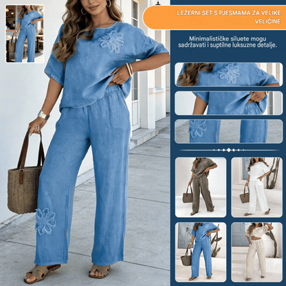 【40-120 kg】【S-5XL】👩‍💼Elegantni dvodijelni set s izvezenim cvijećem za žene 【Majica + Hlače】