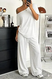 【S-5XL】Set 2026 Elegantna majica kratkih rukava s otvorenim ramenima + široke hlače s vezicama i široke cipele 😍 Neophodan ljetni komad