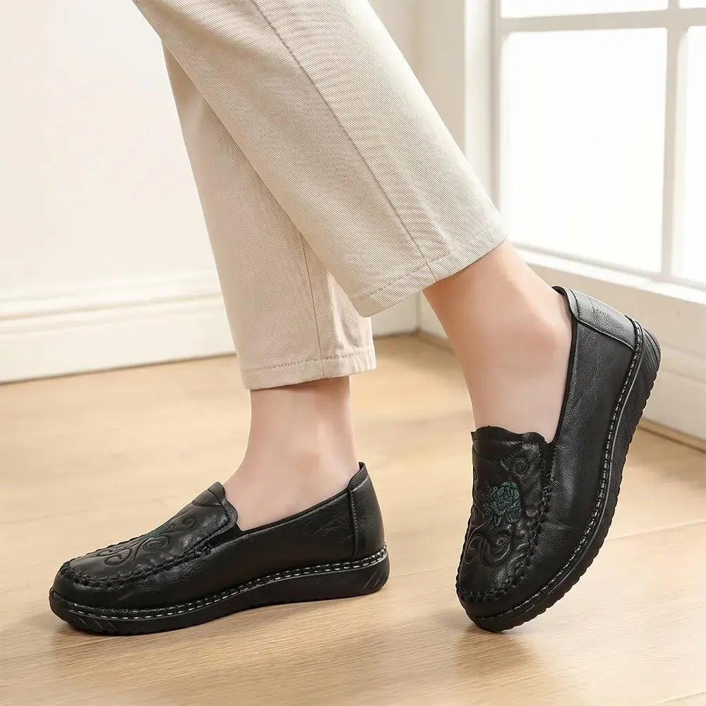 🌸Zapatos planos sin cordones con bordado y suela suave para mujer: calzado transpirable, antideslizante y cómodo para caminar, ideal para personas mayores.