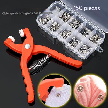 👕Alicates de instalación + 150 botones🧵 Pinza para Colocar Botones sin Coser + 150 Botones Incluidos – ¡Repara tu Ropa en Segundos ✨