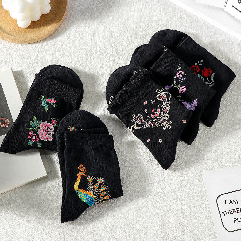 🏆【Kup 5, a 5 dostaniesz gratis】🧦Damskie skarpetki do połowy łydki z koronkowym wzorem w kwiaty, uniwersalne i pochłaniające pot.