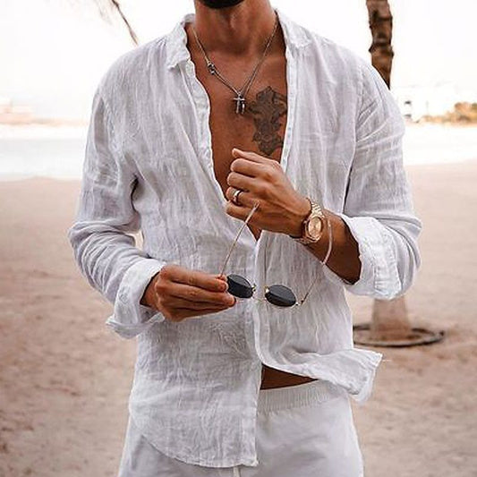 👔【50% zľava🔥】【S-5XL】Pánska jednofarebná široká bavlnená ľanová košeľa s jednoradovým golierom, dostupné všetky veľkosti✅platba na dobierku