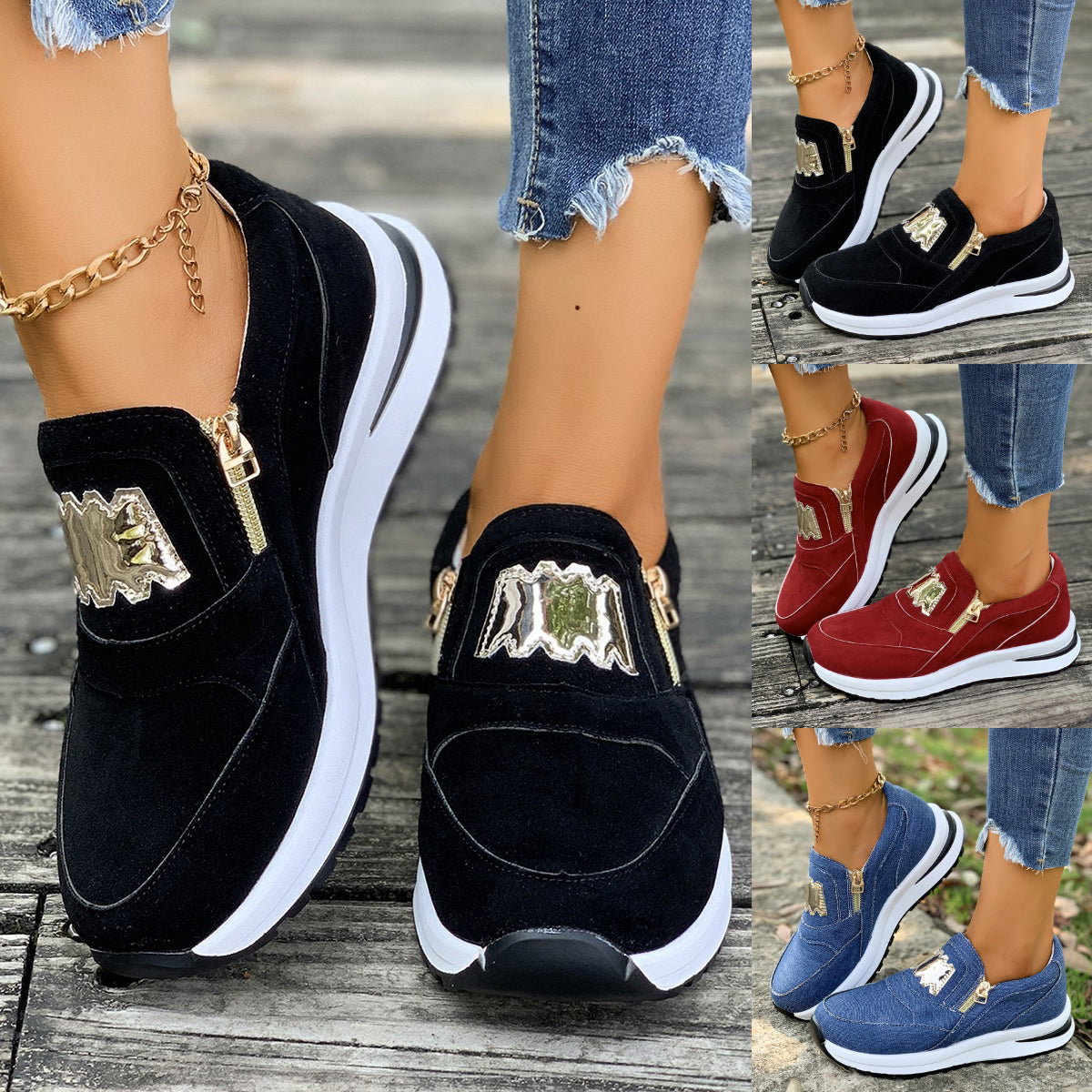 🔥 ✨【36-43】🏆2025 noi adidași casual de culoare uni, cu talpă cu platformă și fermoar lateral