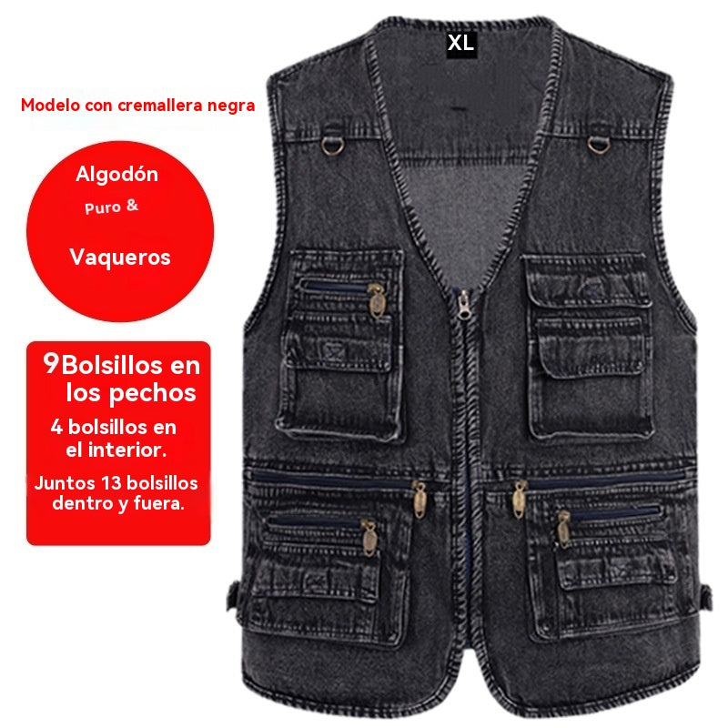 🔥 【Nova kolekcija -50% 】Muški džinski prsluk s mnogo džepova 【XL–7XL】 – Izdržljiv, prozračan i udoban