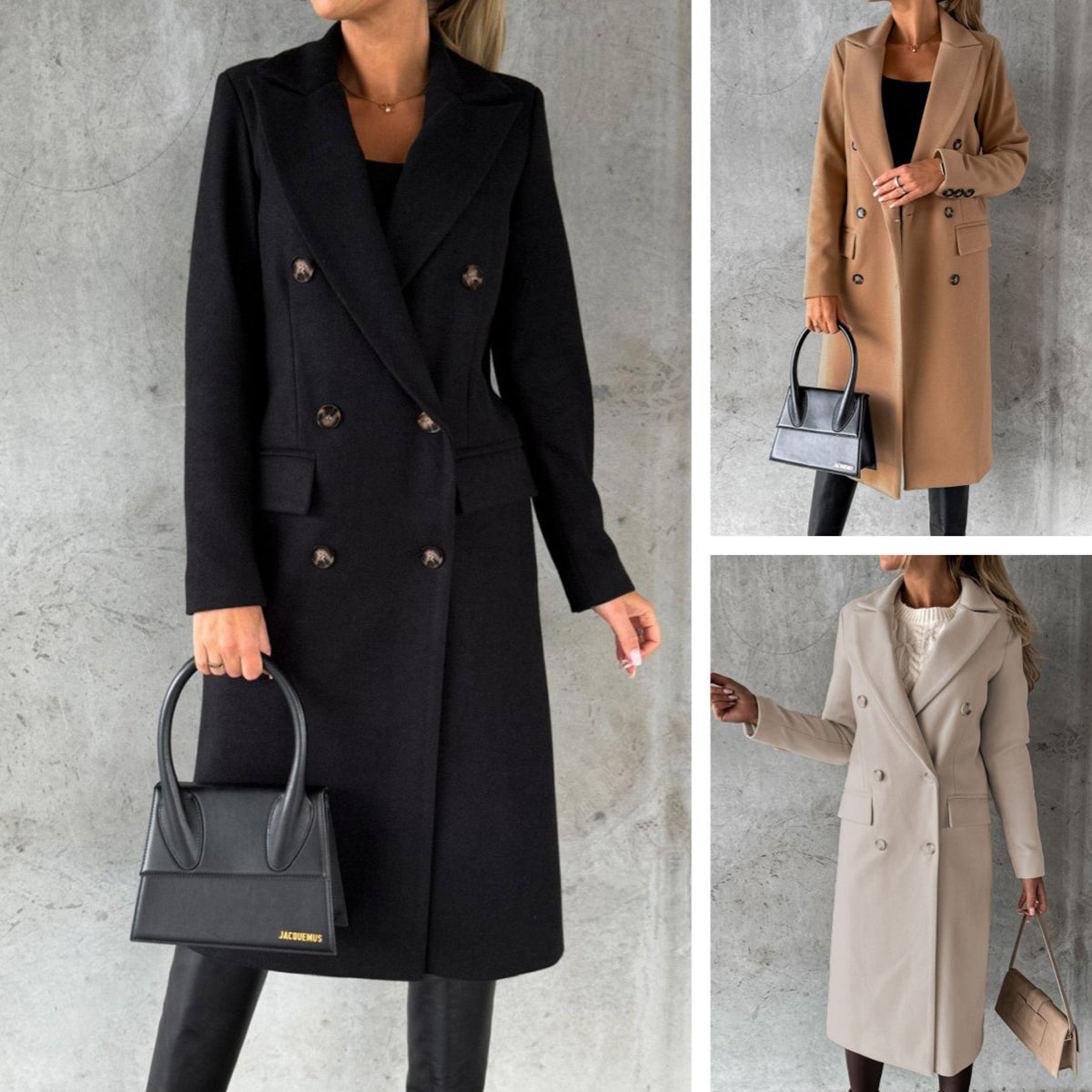 😀【S-3XL】Jesen i zima, novi ženski jednobojni kaput s dvostrukim kopčanjem, dugih rukava i preklopa, uski kaput, kaput