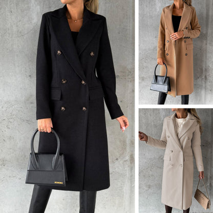 😀【S-3XL】Jesen i zima, novi ženski jednobojni kaput s dvostrukim kopčanjem, dugih rukava i preklopa, uski kaput, kaput