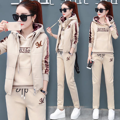 🔥【Hlače + pulover + telovnik】Nov stil ženskega toplega žametnega kombinezona za šport in prosti čas