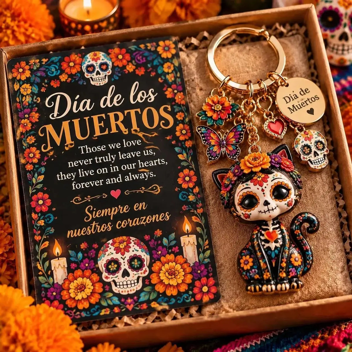🎄💀 Día de Muertos Charm Keychain | 4 Colorful Floral & Skull-Inspired Styles