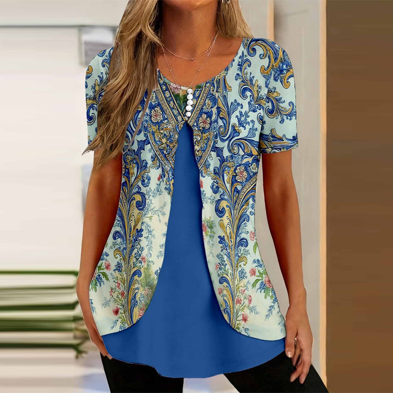 🌸【S-5XL】Elegantna bluza 2 u 1 s cvjetnim printom – široki kroj koji skriva trbuh i vitkije oblikuje figuru