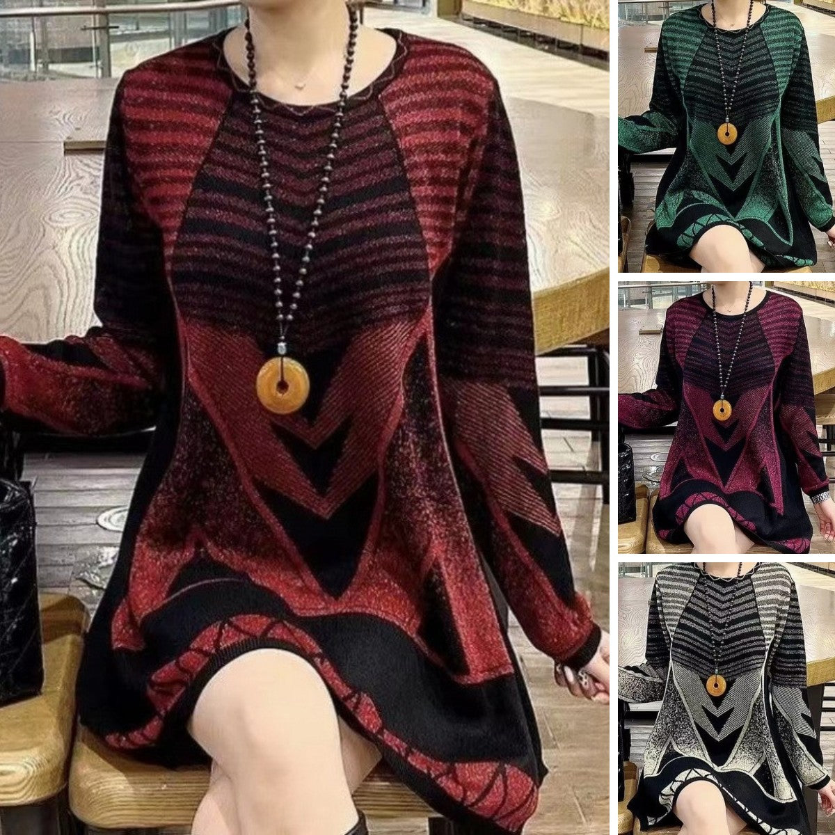 😍【L-6XL】Nowy sweter damski na jesień/zimę z okrągłym dekoltem i luźnym dzianinowym wzorem geometrycznym