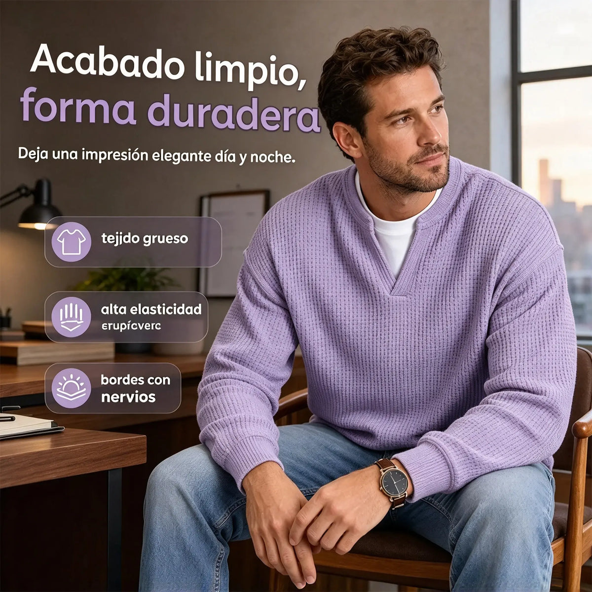 👚✨ Comodidad atemporal | Camiseta de manga larga para hombre con textura tipo gofre y efecto superpuesto