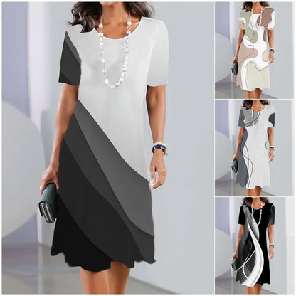 👗【XS-5XL】Vestido sencillo y elegante de mujer con cuello redondo y estampado digital