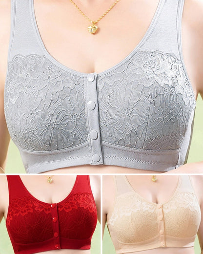 😍【3 bucăți】Sutien de damă din dantelă fără sârmă, închidere confortabilă în față 💨【40-100 kg】