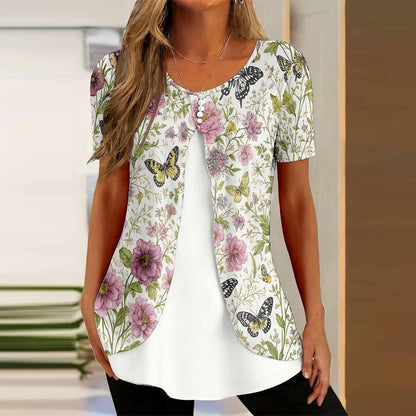 🌸【S-5XL】Elegantna bluza 2 u 1 s cvjetnim printom – široki kroj koji skriva trbuh i vitkije oblikuje figuru
