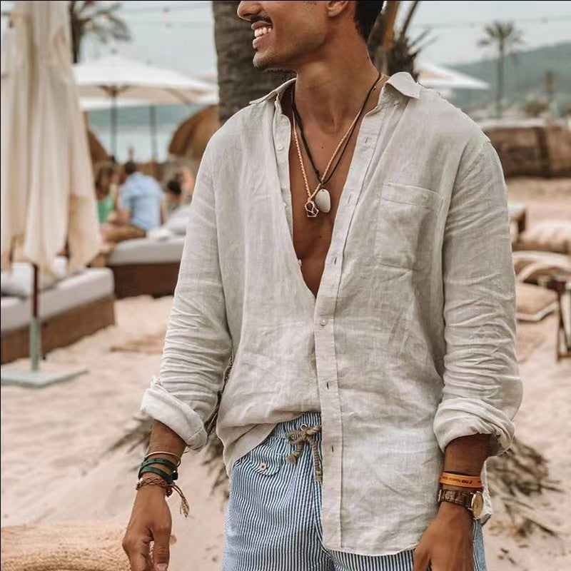 👔【S-3XL】Nova muška jednobojna, ležerna, kardigan za plažu s dugim rukavima i reverom