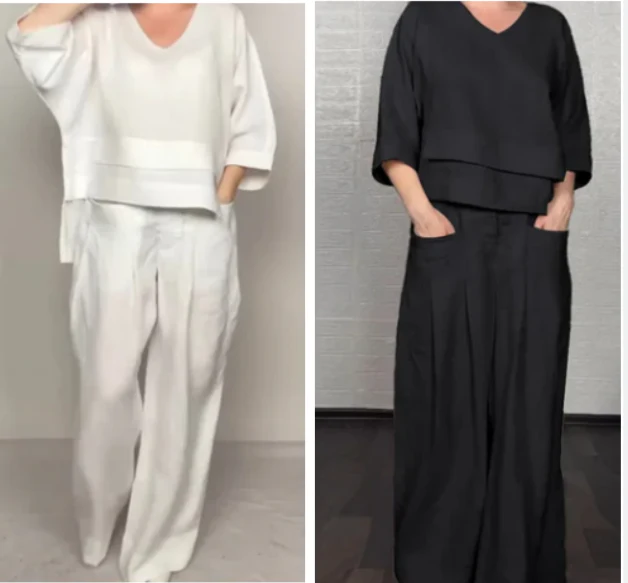 💎 Dvodijelni set od pamuka i lana s nepravilnim rubom - bluza s V-izrezom + hlače širokih nogavica, prozračan i prirodno elegantan 🍂👚
