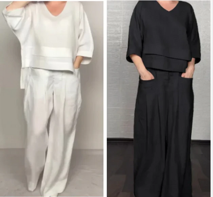 💎 Dvodijelni set od pamuka i lana s nepravilnim rubom - bluza s V-izrezom + hlače širokih nogavica, prozračan i prirodno elegantan 🍂👚