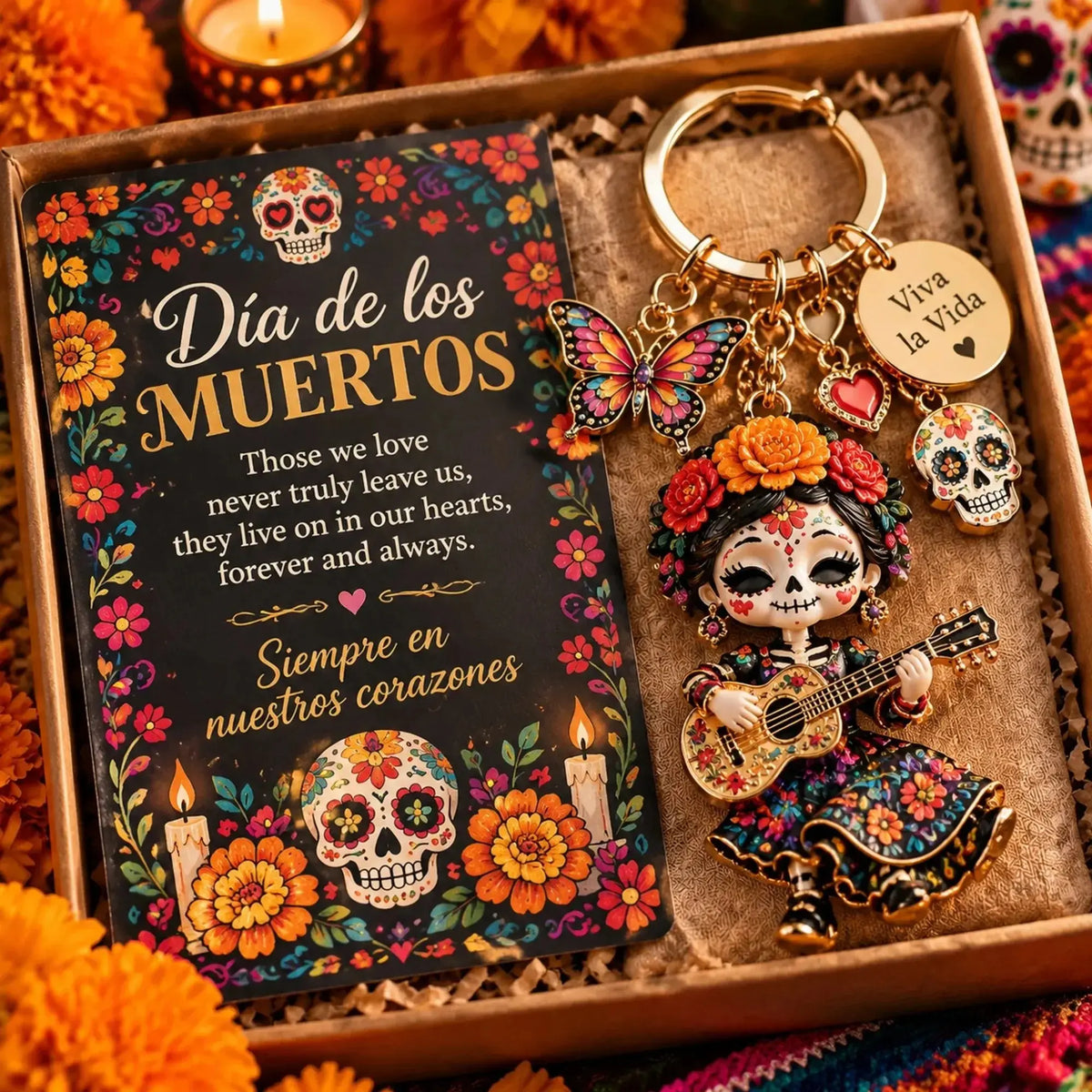🎄💀 Día de Muertos Charm Keychain | 4 Colorful Floral & Skull-Inspired Styles