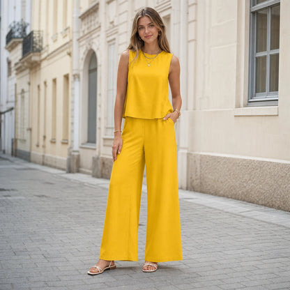 💙【S-3XL】Ženski jednobojni jednostavni i elegantni dvodijelni set [prsluk s okruglim izrezom + hlače širokih nogavica]