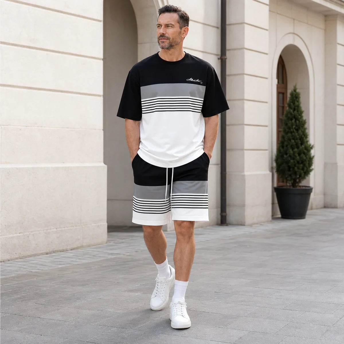 【S-6XL】Męski, swobodny, prosty, modny dwuczęściowy komplet sportowy składający się z koszulki i szortów, uniwersalny do noszenia na co dzień.